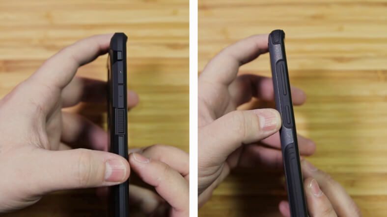 etui Tough and Hybrid Armor>
<em>Tough Armor po lewej i Hybrid Armor po prawej</em>
Górna i dolna część przedniej części obu etui jest również wybrzuszona, aby chronić ekran i aparat przed wszelkimi zadrapaniami. Inną kluczową różnicą między tymi dwoma pokrowcami jest to, że w Tough Armor widzimy dodaną podpórkę, która jest wygodna do oglądania multimediów. Takiego dodatku nie znajdziemy jednak w modelu Hybrid Armor.
<img src=