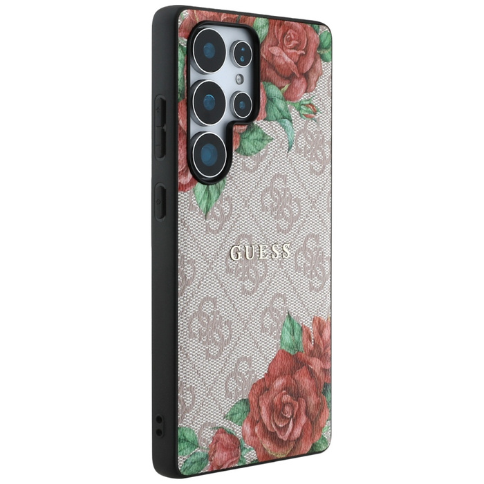 Etui Guess Leather 4G Flowers Print       Metal Classic Logo MagSafe Samsung Galaxy S25 Ultra różowy