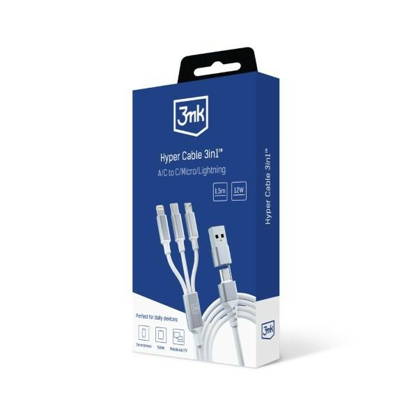 3MK Hyper Cable 3w1 USB-A/USB-C - USB-C/Micro/Lightning 1.5m Biały/White Kabel