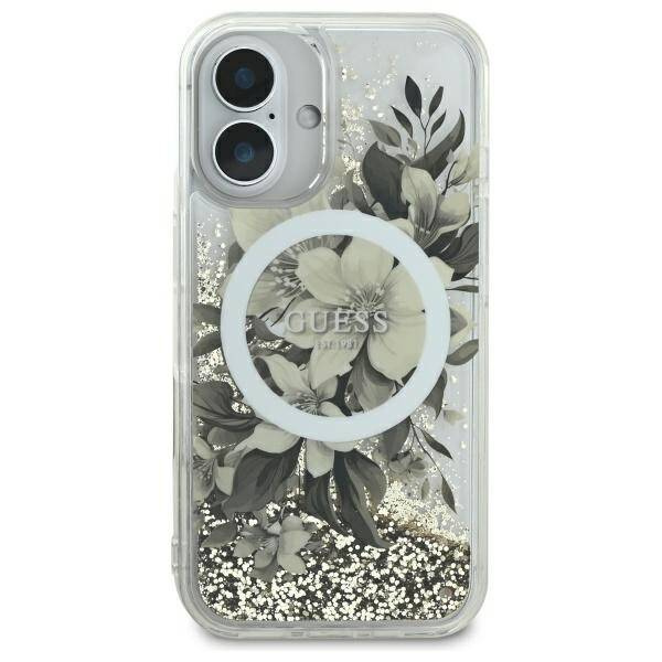 Etui Guess iPhone 16 6.1" beżowy/beige hardcase Liquid Glitter Flower MagSafe