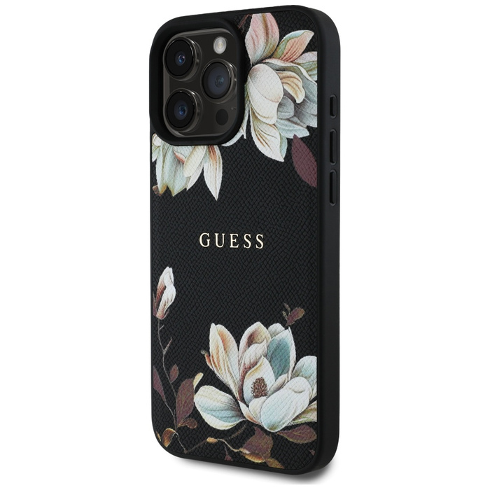 Etui Guess Grained Printed Flower         Pattern MagSafe do iPhone 16 Pro czarny