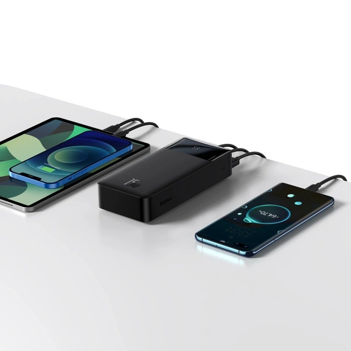 Zestaw powerbank 30000mAh 15W Baseus Bipow - czarny + kabel USB 4w1 microUSB / Lightning / 2 x USB-C - USB-A 1.2m - czarny