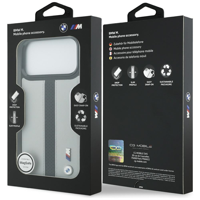 Etui BMW M Perforated Stripe Logo        MagSafe do iPhone 17 Pro Max szary