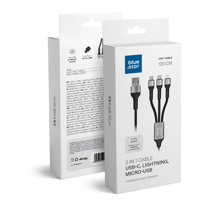 Kabel 3w1 USB A do Lightning / Micro USB / USB C Blue Star 2,4A z oplotem 1,2 m TFK-DC-010 czarny