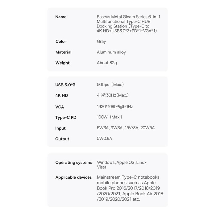 Baseus Metal Gleam Series stacja dokująca HUB 6 w 1 USB Typ C - 1 x HDMI / 3 x USB 3.2 Gen. 1 / 1 x Power Delivery / 1 x VGA szary (WKWG030013)