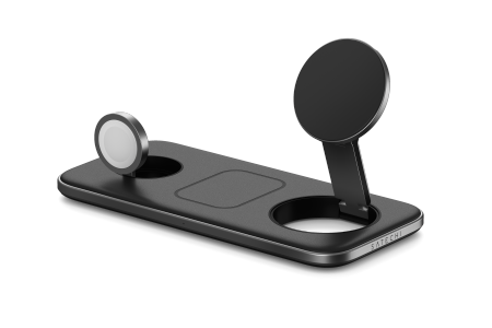 Satechi Qi2 Trio Wireless Charging Pad - magnetyczna ładowarka bezprzewodowa do trzech urządzeń (AppleWatch 5W, AirPods 5W, Qi2 15W), kabel 1m, ładowarka sieciowa 45W oraz wymienne wtyczki UK i EU w zestawie (space gray)