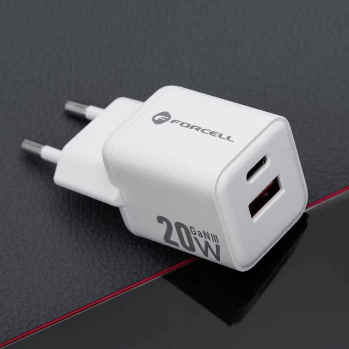 Ładowarka sieciowa do telefonu Forcell F-Energy Mini GaN III USB C + USB A QC4.0 PD 20W VT-35A biała 0INT