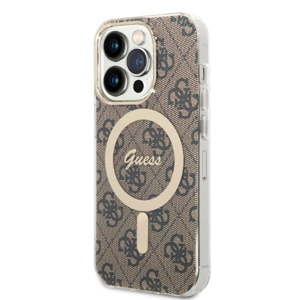 Zestaw Etui Guess Case+ Charger iPhone 14 Pro 6,1" brązowy/brown hard case 4G Print MagSafe
