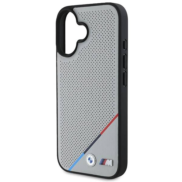 Etui BMW iPhone 16 6.1" szary/grey hardcase M Perforated Tricolor Line MagSafe