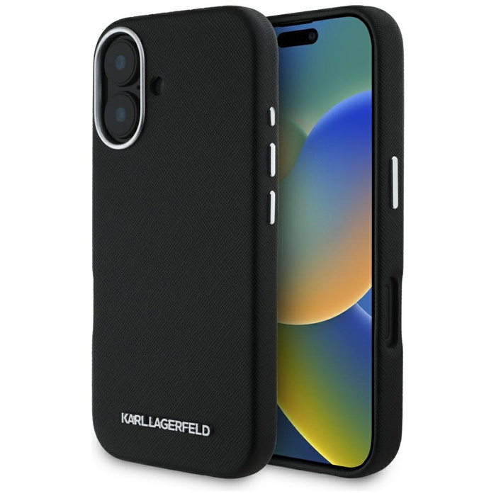 Etui Karl Lagerfeld Saffiano Full         Wrapped Elongated Metal Logo MagSafe do iPhone 16 czarny