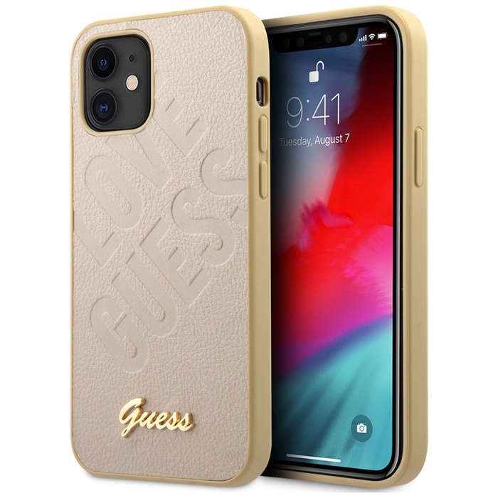 Etui GUESS Apple iPhone 12 Mini Iridescent Love Script Gold Logo Złoty Hardcase