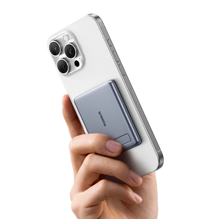 Powerbank Baseus PicoGo AM31 Qi2 5000mAh 20W ultracienki kompatybilny z MagSafe z podstawką z kablem plecionym Baseus Simple USB-C 20cm - szary