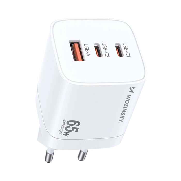 Ładowarka sieciowa GaN Wozinsky CGWCW 65W USB-A / 2 x USB-C - biała
