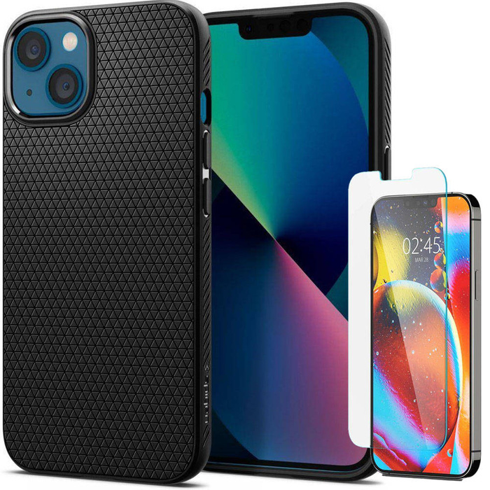 Etui iPhone 13 Spigen Liquid Air Matte Black Case + Szkło Hartowane Spigen Glas.tr Slim