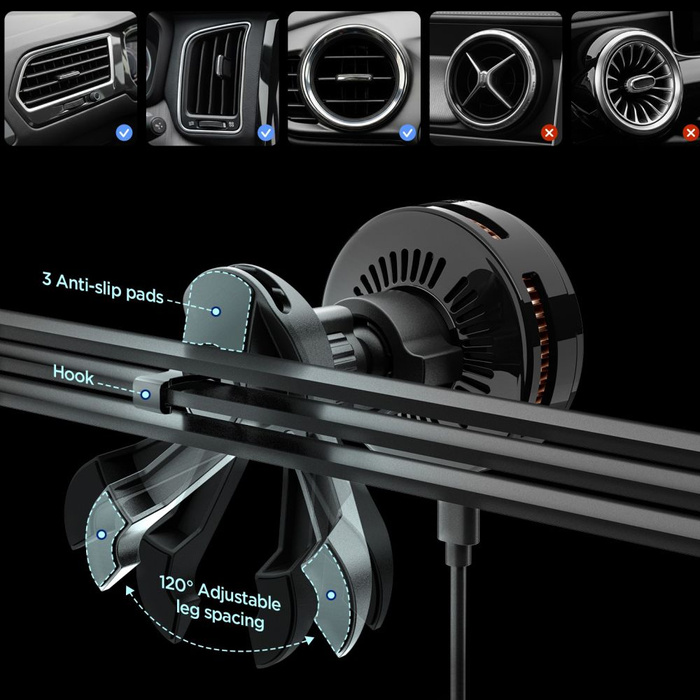 UCHWYT Z ŁADOWARKĄ BEZPRZEWODOWĄ SPIGEN ESSENTIAL EV25MFAQ Qi2.2 PELTIER MAGSAFE DO KRATKI NAWIEWU CZARNA