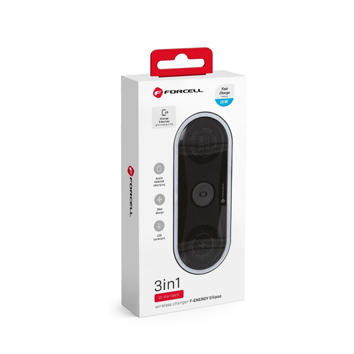 Ładowarka indukcyjna Forcell F-Energy Ellipse 3w1 Qi QC 15W kompatybilna z Apple + kabel USB C do USB A czarna