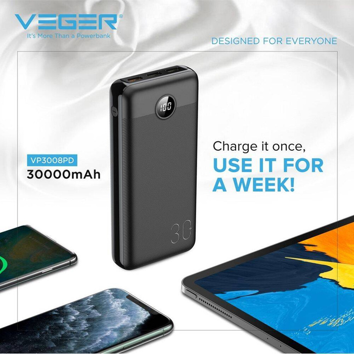 Powerbank Veger L30 (W3008PD) PD QC3.0 3A 20W 30000 mAh czarny