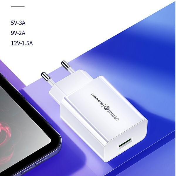 USAMS Ład. siec. 1xUSB T22 18W 3A QC3.0 + kabel USB-C 1m biały/white T48OCLN01