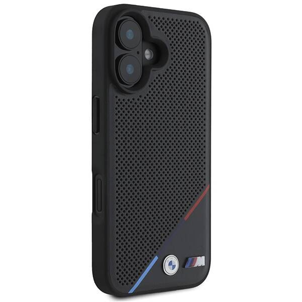 Etui BMW iPhone 16 6.1" czarny/black hardcase M Perforated Tricolor Line MagSafe