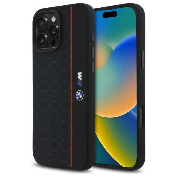 Etui BMW iPhone 16 Pro Max czarny/black hardcase Silicone Hexagon Red Line MagSafe