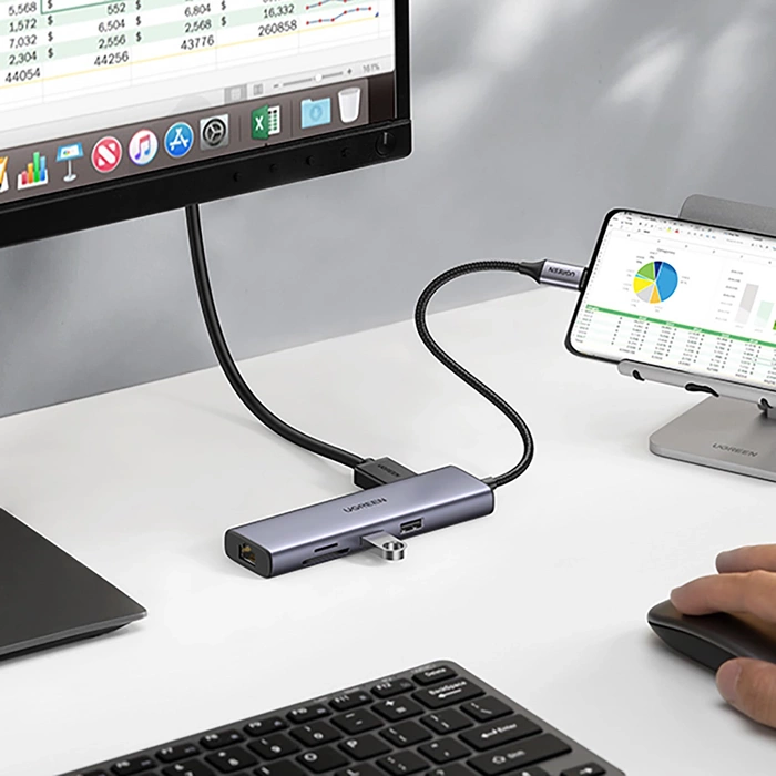 Adapter Hub UGREEN, USB-C do 2x USB 3.0, HDMI, RJ45, SD/TF 90568