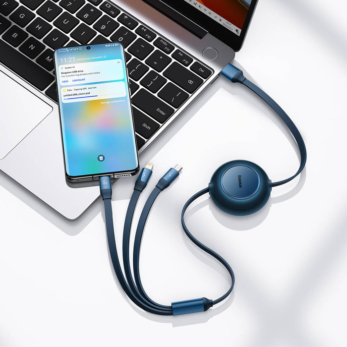 Baseus Bright Mirror 2 zwijany kabel przewód 3w1 USB Typ A - micro USB + Lightning + USB Typ C 66W 1.1m niebieski (CAMJ010103)