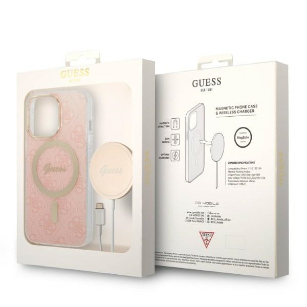 Zestaw Etui Guess Case+ Charger iPhone 13 Pro różowy/pink hard case 4G Print MagSafe