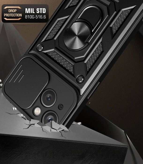 Etui Pancerne etui z podstawką i osłoną aparatu do iPhone 15 Hybrid Armor Camshield - niebieskie Case