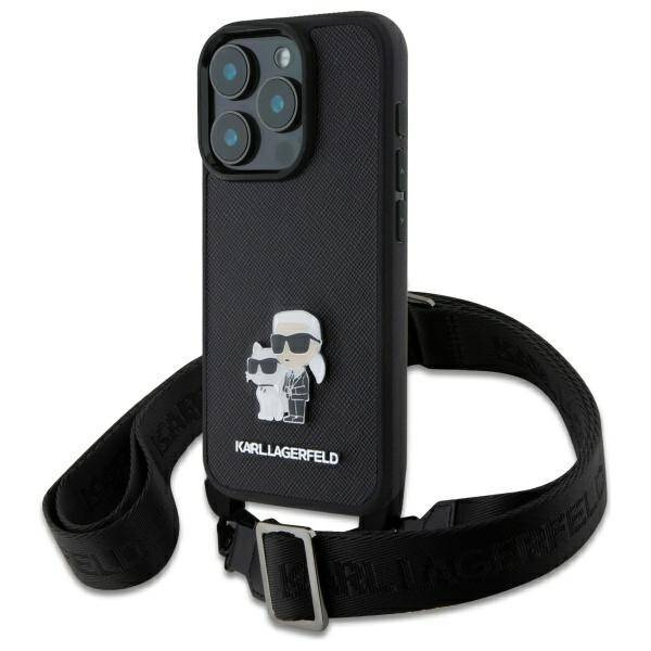 Etui Karl Lagerfeld iPhone 16 Pro czarny/black hardcase Saffiano Karl&Choupette Metal Pin CBDY Strap