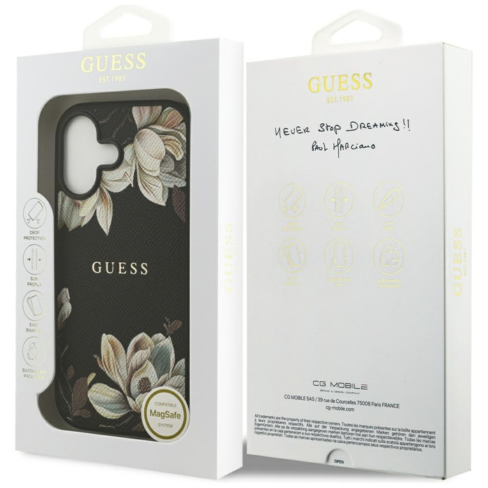 Etui Guess Grained Flowers Classic Logo  MagSafe do iPhone 17 czarny