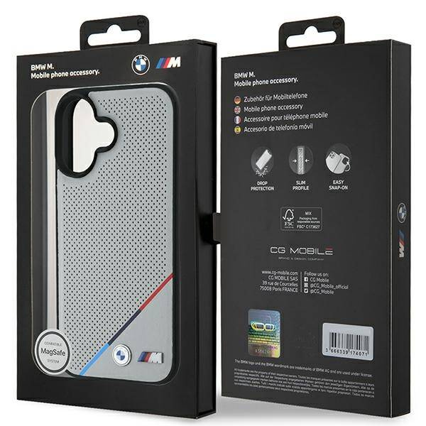 Etui BMW iPhone 16 6.1" szary/grey hardcase M Perforated Tricolor Line MagSafe