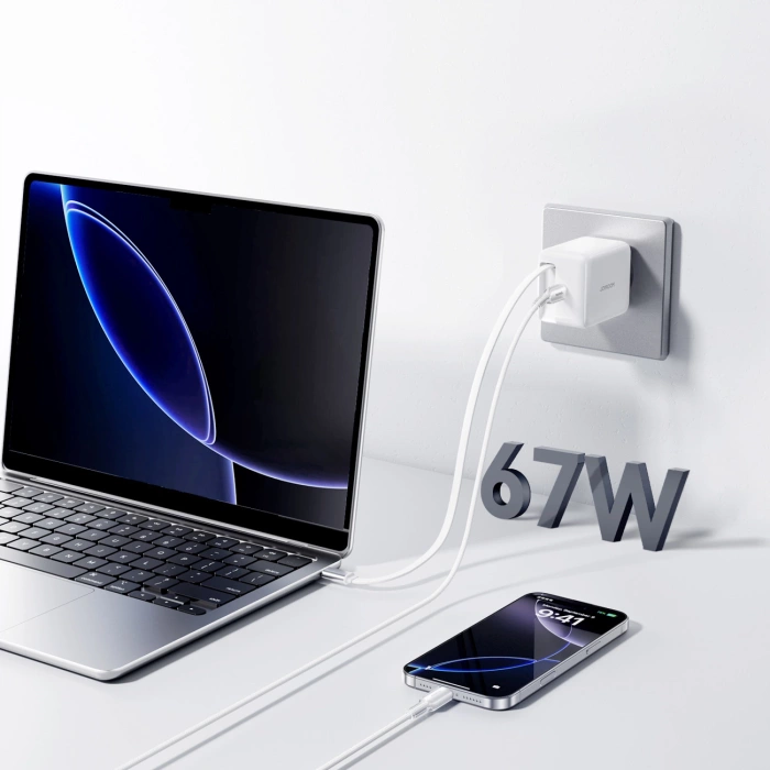 Ładowarka sieciowa Joyroom JR-TCL06 67W GaN z wbudowanym zwijanym kablem USB-C - biała
