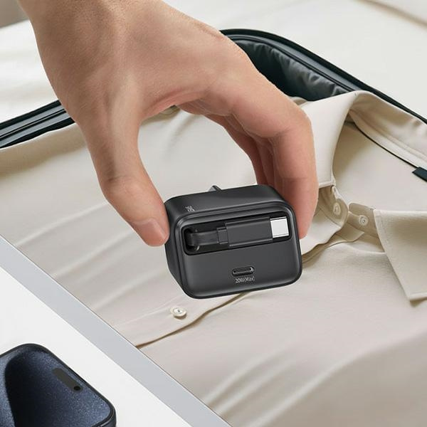 USAMS Ład. siec. 1xUSB-C ze zwijanym kablem USB-C Retractable PD+QC 20W Gan Fast Charging czarny/black YC Series CC233TC01 (US-CC233)