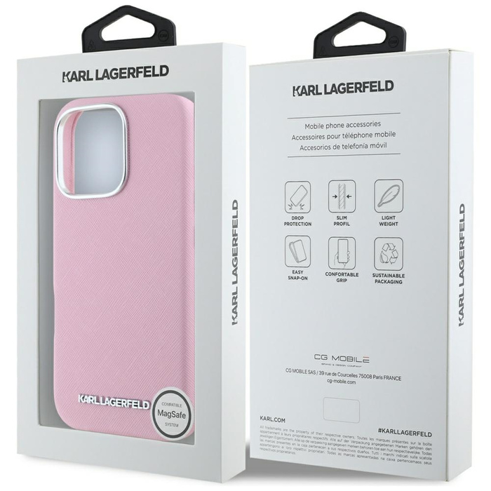 Etui Karl Lagerfeld Saffiano Full         Wrapped Elongated Metal Logo MagSafe do iPhone 16 Pro różowy
