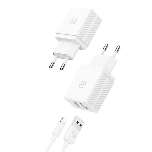 USAMS Ład. siec. 2xUSB 18W + kabel Lightning/USB-A Fast Charging biały/white series HC HCXLTZ01
