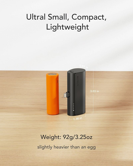 VEGER powerbank 5000 mAh z wbudowanym złączem Lightning PD QC3.0 3A 20W PlugOn (W0556P) czarny