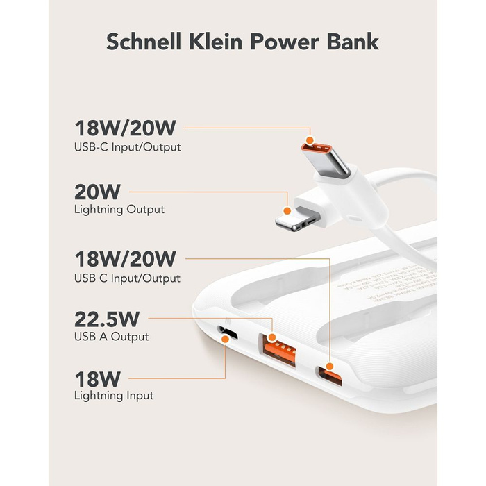 Powerbank Veger (W1170) PD QC3.0 2A 22,5W 10000 mAh z wbudowanymi kablami USB C / Lightning biały