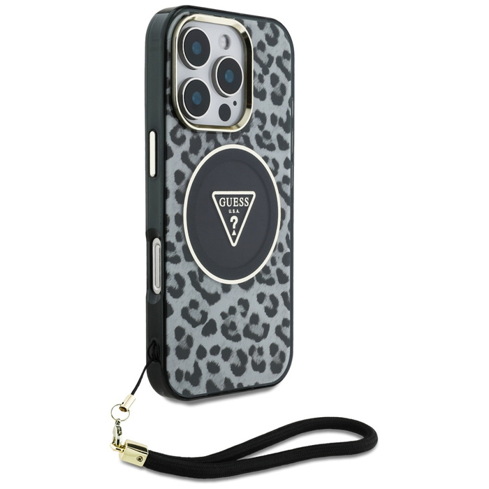 Etui Guess HC IML Leopard Triangle Cord   Strap do iPhone 16 Pro MagSafe czarny