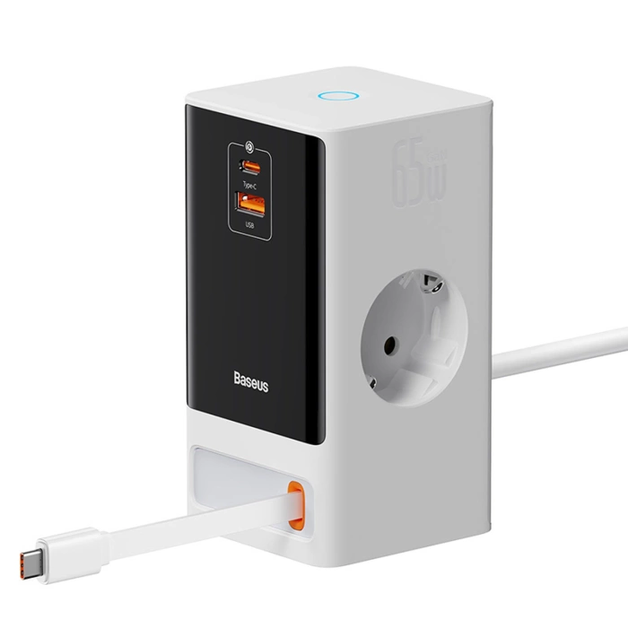Stacja łądująca Baseus PowerCombo 65W 1.5m 2 x EU + USB-A + USB-C + zwijany kabel USB-C - biała