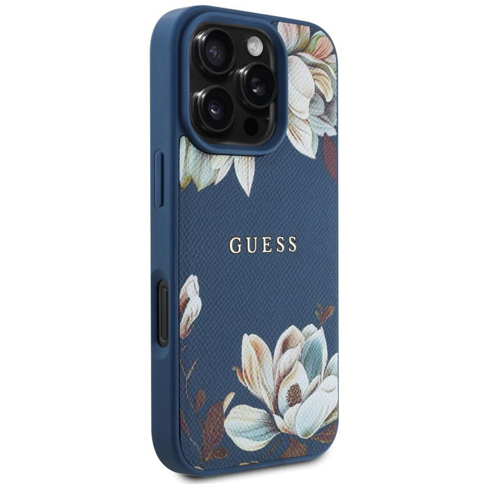 Etui Guess Grained Printed Flower         Pattern MagSafe do iPhone 16 Pro niebieski
