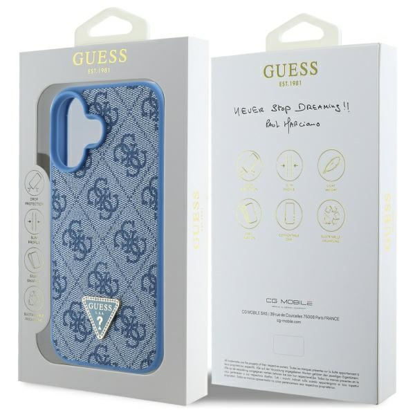 Etui Guess iPhone 16 6.1" niebieski/blue hardcase Leather 4G Triangle Strass MagSafe
