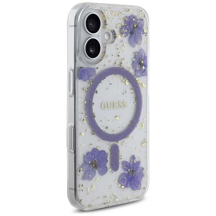 Etui Guess Resin Flowers Glitter MagSafe do iPhone 16 fioletowy