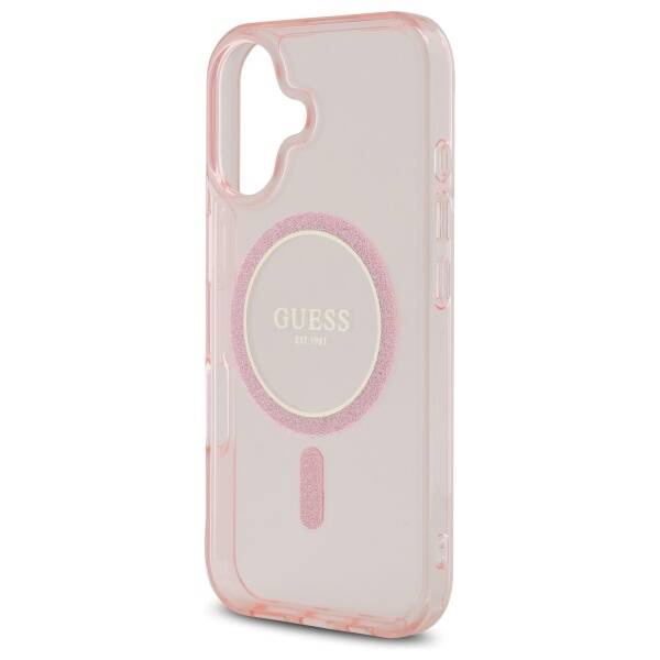 Etui Guess iPhone 16 różowy/pink hardcase IML Glitter Circle MagSafe