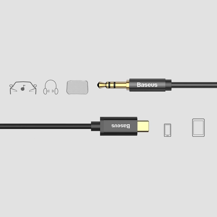 Baseus kabel audio stereo przejścióka AUX 3,5 mm mini jack - USB Typ C do telefonu tabletu 120cm czarny (CAM01-01)