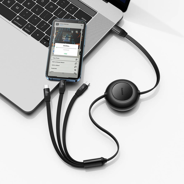 Baseus Bright Mirror 2 zwijany kabel przewód 3w1 USB Typ C - micro USB + Lightning + USB Typ C 3.5A 1.1m czarny (CAMJ010201)