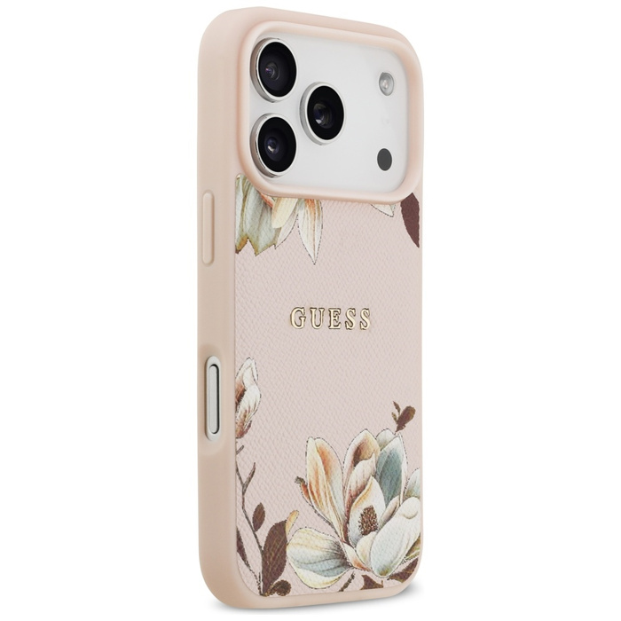Etui Guess Grained Flowers Classic Logo  MagSafe do iPhone 17 Pro różowy