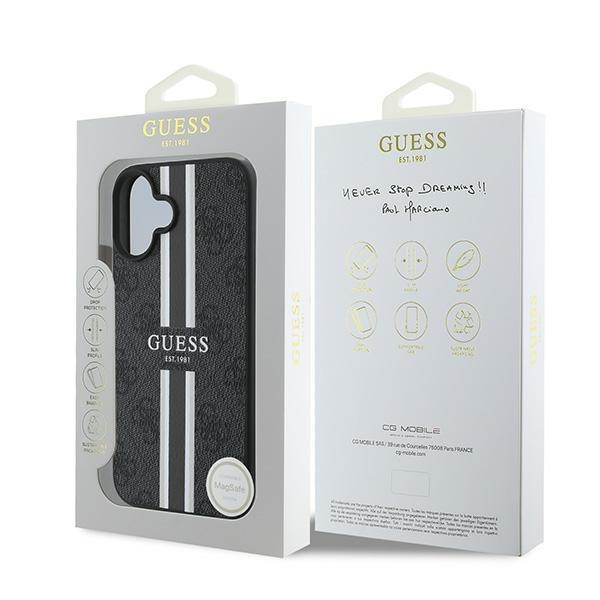 Etui Guess iPhone 16 Plus czarny/black MagSafe 4G Printed Stripes
