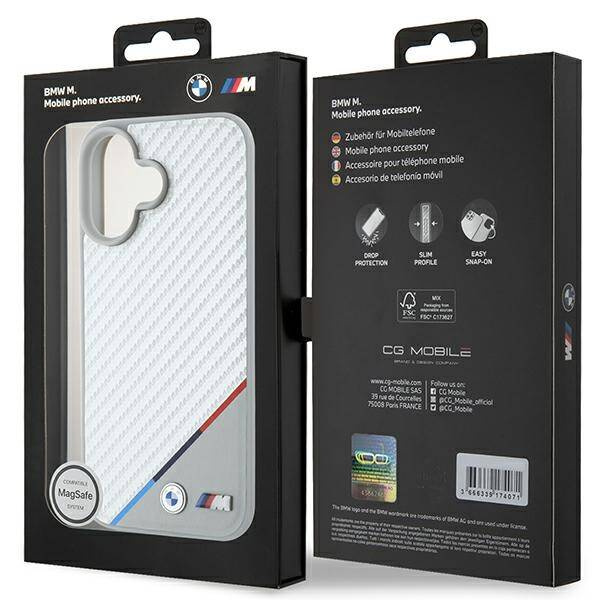 Etui BMW iPhone 16 6.1" szary/grey hardcase M Carbon Tricolor Line MagSafe