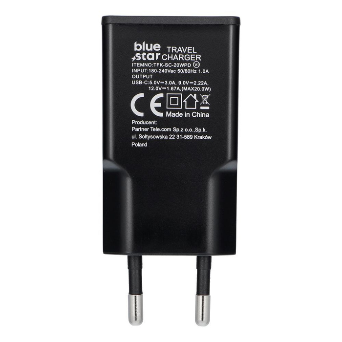 Ładowarka sieciowa do telefonu Blue Star Slim GaN USB QC4.0 PD 3A 20W TFK-SC-20WPD czarna