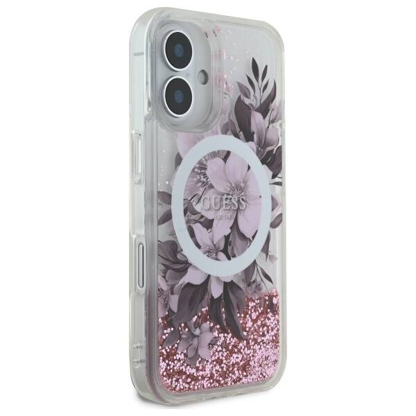 Etui Guess iPhone 16 6.1" różowy/pink hardcase Liquid Glitter Flower MagSafe